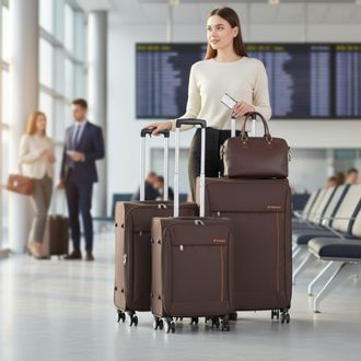 Infinity Leather Lichtgewicht bruine zachte koffers 8 wiel reisbagage