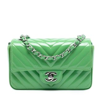 Chanel Green Mini Rectangular Classic Chevron Patent Single Flap