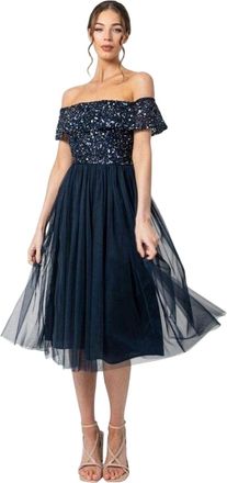 Maya Dames/Maatschappij Sequin Bardot Korte Mouwen Midi Jurk (Marineblauw)