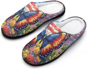 Generic U.S Flag Butterfly Flower Womens Slippers Warm House Slippers Indoor House Shoes with Anti-Skid Rubber Sole