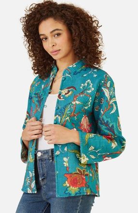 Yumi Floral Reversible Cotton Quilted Jacket in Teal at Nordstrom, Size 12