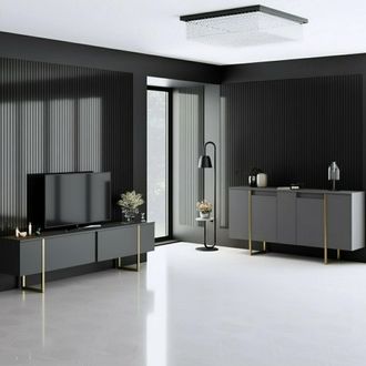 Dmora Muebles De Sal&oacute;n Pignano, Modulares, 4 Estantes, Apertura De Puerta, Abatible, Negro Antracita