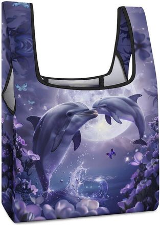 Generic Cute Dolphin Purple Flower Print Shopping Bag Reusable Grocery Tote Bag Foldable Handbag for Travel Picnic