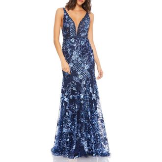 Mac Duggal Floral Embellished Sleeveless Plunge Neck Gown in Twilight at Nordstrom, Size 2