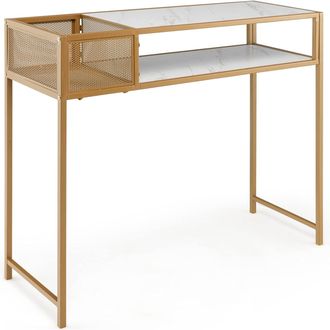 Costway Mesa De Consola De M&aacute;rmol De Imitaci&oacute;n De 2 Niveles Con Estante Abierto, Marco De Acero Dorado, Mesa De Entrada Compacta, Consola Recibidor Sala De Es