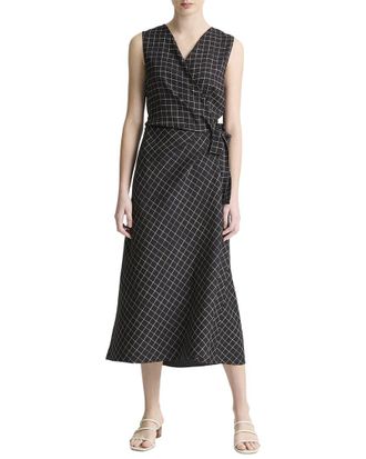 Vince Trellis Plaid Sleeveless Drape Wrap Dress