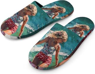 Generic Young Woman Surf Surfing Ocean Waves Mens House Slippers Slip Indoor Slipper On Shoes Warm Outdoor