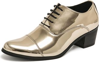 Generic Mens Fashion Pointed Toe Dress Business Shoes Heeled High Heels Patent Leather Lace Up Derby Oxford Shoe Black (8.5,Gold)