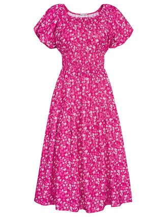 Grace Karin Womens Casual Midi Dress Off Shoulder Short Sleeve Elastic Waist A-Line Dress with Pockets Tiered Skirt Flared Silhouette Soft Fabric Pink-White Small