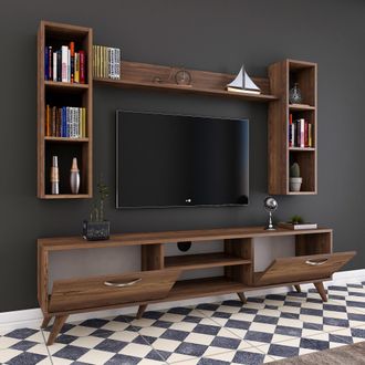 Dmora Pared Modulada Visso, Mueble De Sala, 9 Estantes, 2 Puertas, Color Nogal Marr&oacute;n