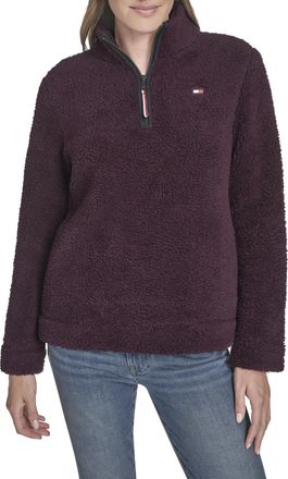 Tommy Hilfiger Womens 1/4 Zip Mockneck Sherpa Soft Pullover Sweater, Aubergine, XL