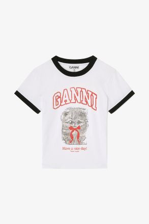 Ganni White Cropped Kitty T-shirt - Size XXS Organic Cotton