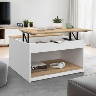 IDMarket Mesa de centro cuadrada elevable elea con caja de madera blanca y efecto haya