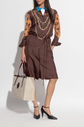 Versace Silk Dress With The Lover Print, Womens, Brown