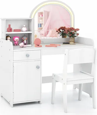 Costway Costway Tocador De Mquillaje Ni&ntilde;a Con Luces Led De 2 Colores, Set De Mesa De Tocador Y Silla Para Ni&ntilde;os, Juego De Maquillaje Con Estantes, Caj&oacute;n Y Arm