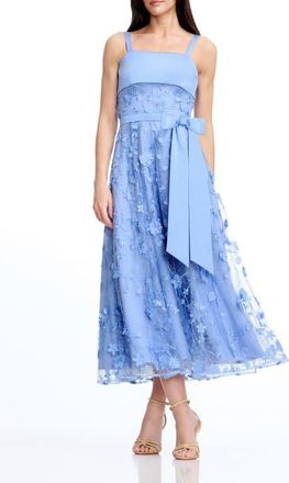 Dress The Population Leona Embroidered Tulle Midi Dress in Sky at Nordstrom, Size Xx-Large
