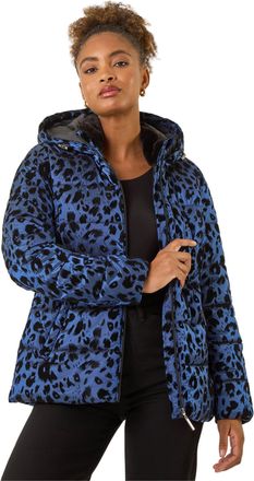 Roman Womens Animal Print Flocked Hooded Coat - Blue - Size 10 UK
