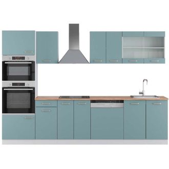 Vicco Mueble De Cocina R-line, Azul-gris-blanco, 300 Cm Con Armario Alto, Et Roble