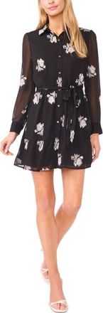 CeCe by Cynthia Steffe Embroidered Floral Long Sleeve Mini Shirtdress in Rich Black at Nordstrom, Size Xx-Large