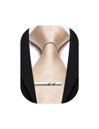 Barry.Wang Plaid Ties Mens Silk Necktie and Tie Clip Checkered Tie for Wedding Party Business Formal, Tan, One size