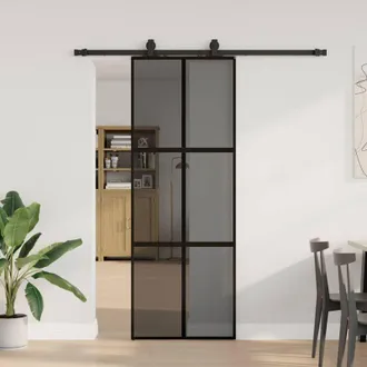 vidaXL Puerta Corredera Con Herrajes Negro 76x205 Cm Vidrio Templado