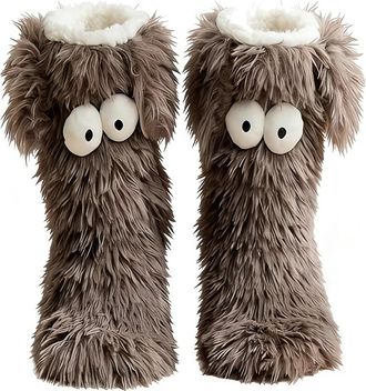 Generic Cozy Socks Fuzzy Warm Slipper Grips-with Cute Big Eyes, inter Home Socks Fluffy Winter Warm Thick Thermal Cozy (Gray)