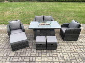 Fimous Rattan Garden Furniture Set Outdoor Patio Gas Fire Pit Dining Table & Chairs with Loveseat Sofa in Dark Grey