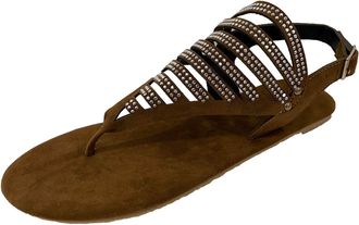 Generic Thong Sandals For Women Rhinestone Embellishments Sandals Solid Color Leather Sandal T-Bar Flat Roman Sandal Ankle Strap Buckle Shoes Fashion Walking 