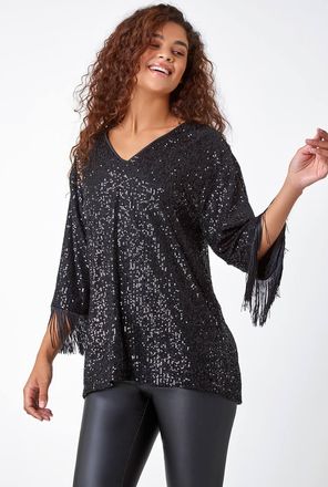 Roman V-Neck Sequin Tassel Detail Tunic Stretch Top