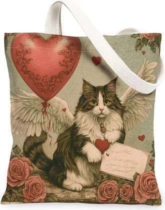 Generic Valentines Day Maines Coon Cat Canvas Tote Bag for Shopping 13x15, Vintage Aesthetic Animal Reusable Grocery Print Pattern Bag for Women, Holiday Beac