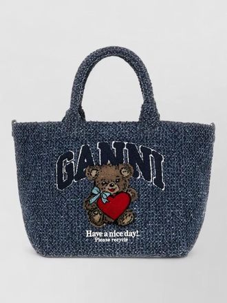 Ganni denim small tote bag embroidered design top handles