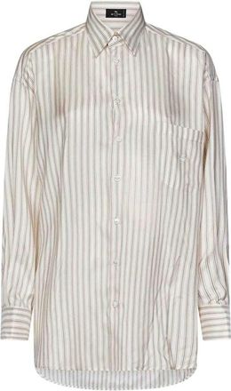 Etro Womens Oversized White And Beige Striped Silk Shirt, Brand Size 44 ( US Size 10 )