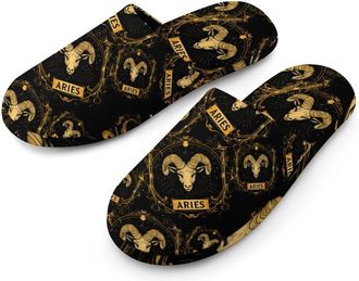 Generic A-ries Zodiac Sign Flannel Mens Slip-on Slippers Winter Warm House Shoes with Rubber Sole for Home Hotel