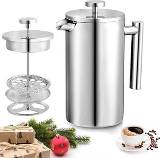 OEM Cafetera De &Eacute;mbolo, 1 Litro, Doble Pared, Fabricada En Acero Inoxidable 304, Cafetera De Acero Inoxidable (1 Litro, Plata)