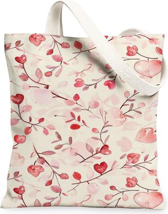 Generic Floral Canvas Tote Bags, Elegant Botanical Pattern Reusable Grocery Bags, Vintage Lightweight Washable Shoulder Strap, Peach, 13x15 Inch