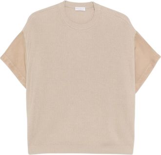 Brunello Cucinelli Beige Crew Neck Ribbed Knit T-Shirt