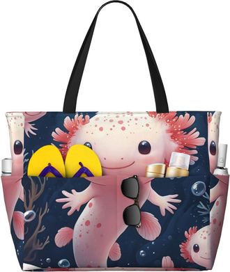 Generic Cute Axolotl Print Large Beach Bag Foldable Travel Shoulder Tote Bag With Pocket For Weekender Pool Vacation