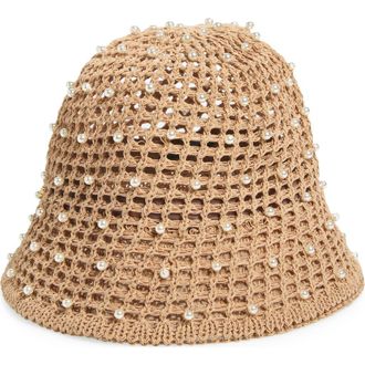 Lele Sadoughi Open Weave Straw Hat with Faux Pearls in Natural at Nordstrom