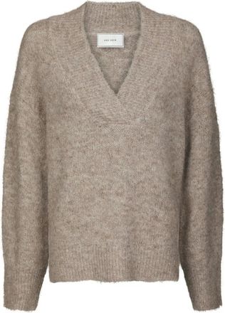 Neo Noir Melli Fluffy Knit Blouse - Dames - V-hals truien - Beige - M - Wol - Truien & Vesten
