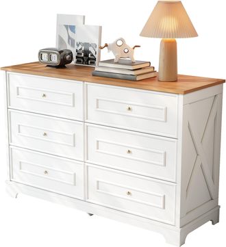 STILVORA Aparador Con 6 Cajones, Motivo Granero Y Tiradores Dorados, Estilo R&uacute;stico, En Mdf, 120&times;40&times;76 Cm, Blanco