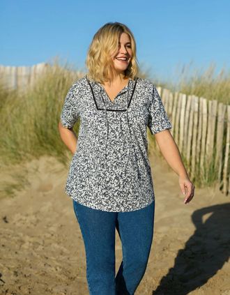 Live Unlimited London Womens Navy Print Cotton Slub Bib Tunic - Blue - Size: 12