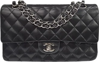Chanel Classic Timeless Double Flap Quilted Lambskin Black Leather Handbag (Pre-Owned)