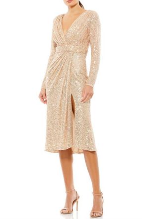 Mac Duggal Sequined Long Sleeve Midi Dress in Rose Gold at Nordstrom, Size 16
