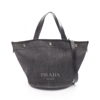 Prada Black Denim Leather Handbag Tote Bag (Pre-Owned)