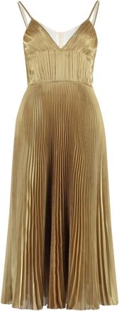 Prada Golden Pleated V Neck Midi Dress