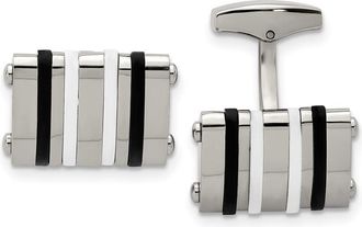Diamond2Deal Stainless Steel Polished Black and White Rubber Bands Rectangle Cufflinks