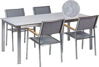 Beliani Stainless Steel Modern 4 Seater Garden Dining Set Table Glass Top Textilene Chairs Grey Cosoleto