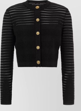 Balmain semi-sheer striped cropped round-neck long-sleeve cardigan