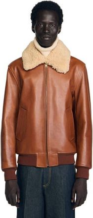 Sandro Leather jacket with fur collar in Cognac at Nordstrom, Size Xx-Large