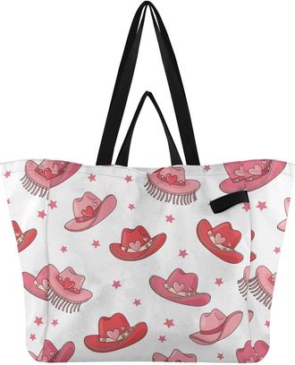 Generic Western Cowboy Red Hats print Reusable Canvas Tote Bag, Heavy Duty Grocery Shopping Bag with Large Capacity Hard Bottom Double Handles Work Groceries 